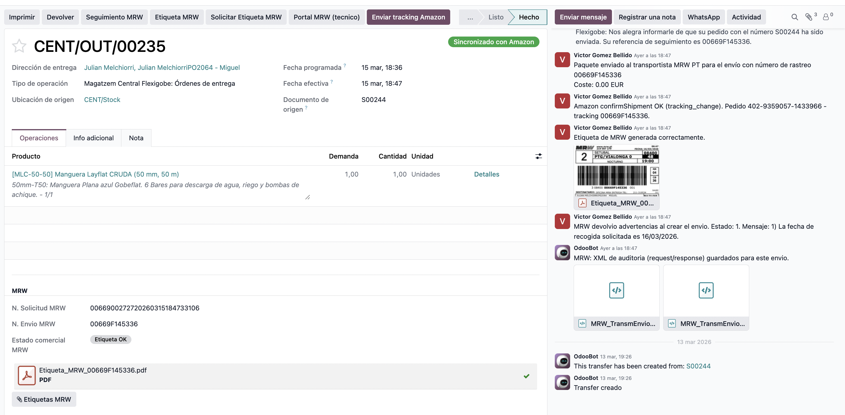 Vista completa de entrega en Odoo