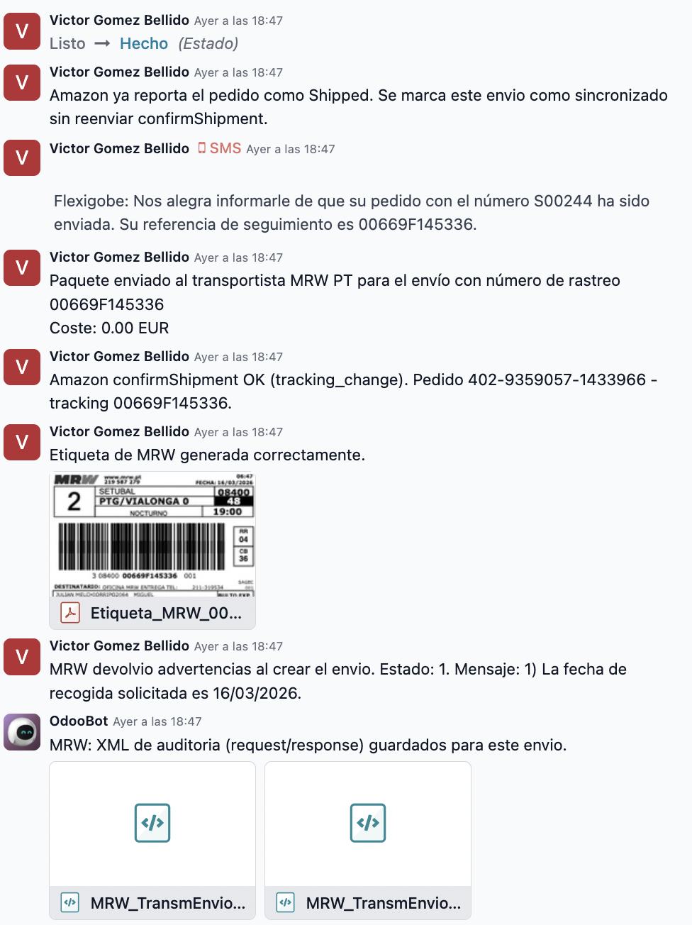 Tracking MRW sincronizado en el chatter de Odoo