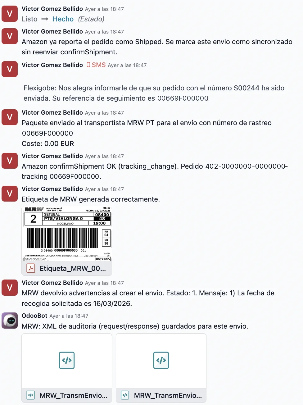 Tracking MRW sincronizado en el chatter de Odoo
